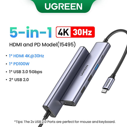 UGREEN 5 in 1 USB C Hub 4K HDMI USB HUB 100W Multiport Adapter for MacBook Pro/Air, iPad Pro, iMac, iPhone 15 Pro/Pro Max, XPS
